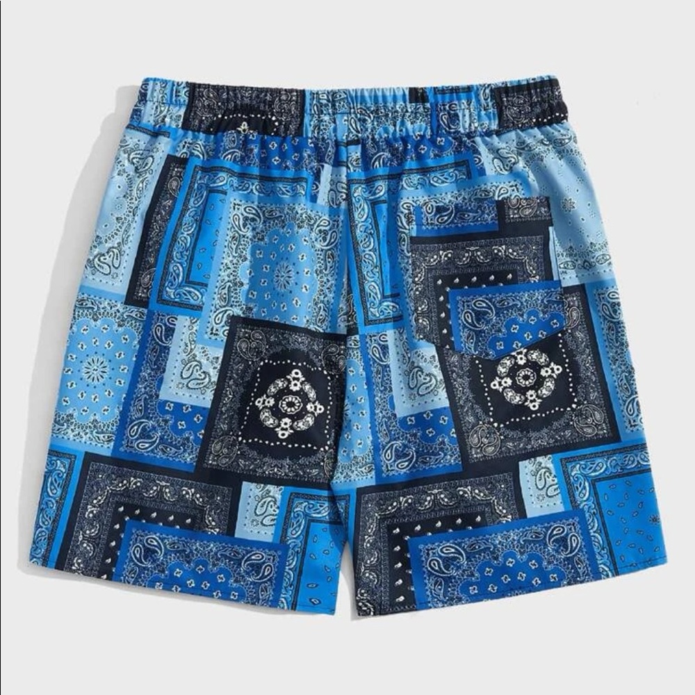 Drawstring Waist Blue Paisley Patchwork Shorts Ne… - image 2
